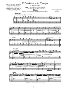 Twelve Variations on 'Ah vous dirais-je, Maman', K.265/300e: Para Piano by Wolfgang Amadeus Mozart