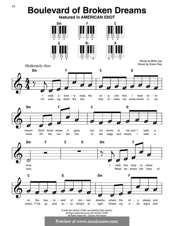 Boulevard of Broken Dreams (Green Day): Para Piano by Billie Joe Armstrong, Tré Cool, Michael Pritchard