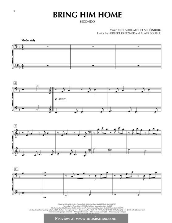 Bring Him Home: para piano de quadro mãos by Claude-Michel Schönberg
