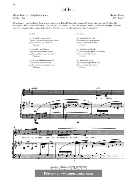 Three Songs, Op.8: No.3 Ici-bas (High Voice) by Gabriel Fauré