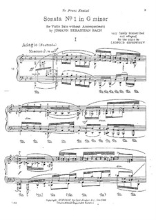 Sonata for Violin No.1 in G Minor, BWV 1001: Movement I (Adagio), for piano by Johann Sebastian Bach