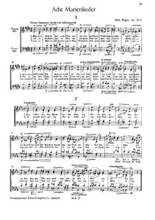 Eight Marienlieder, Op.61d: Eight Marienlieder by Max Reger