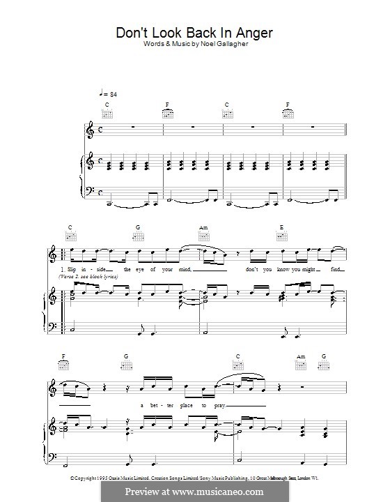 Don't Look Back in Anger (Oasis): Para vocais e piano (ou Guitarra) by Noel Gallagher