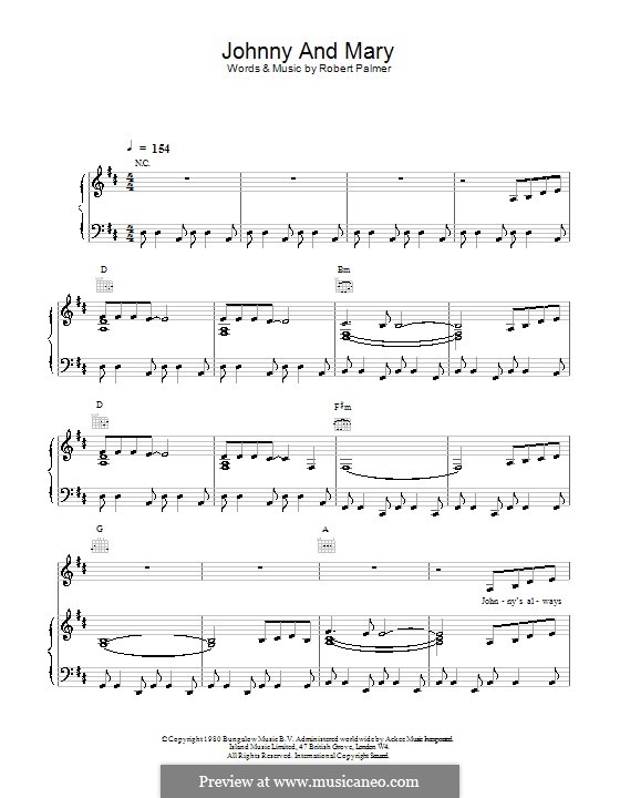 Johnny and Mary: Para vocais e piano (ou Guitarra) by Robert Palmer
