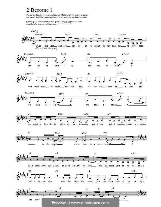 2 Become 1 (The Spice Girls): melodía,letras e acordes by Emma Bunton, Geri Halliwell, Matt Rowe, Melanie Brown, Melanie C, Richard Stannard, Victoria Adams