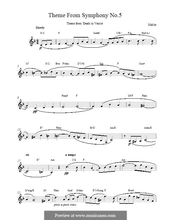 Symphony No.5 in C Sharp Minor: Movement IV Adagietto. Melody line, lyrics and chords by Gustav Mahler
