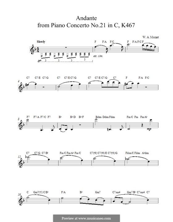 Concerto for Piano and Orchestra No.21 in C Major, K.467: Movement II. Melody line and chords by Wolfgang Amadeus Mozart