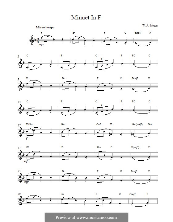 Minuet for Piano in F Major, K.2: melodia e acordes by Wolfgang Amadeus Mozart