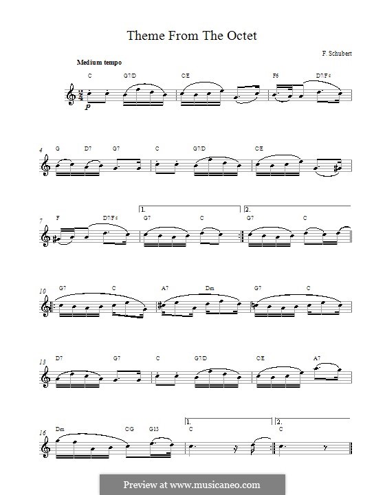 Octet for Strings and Winds in F Major, D.803 Op.166: Andante (Theme), melody line by Franz Schubert