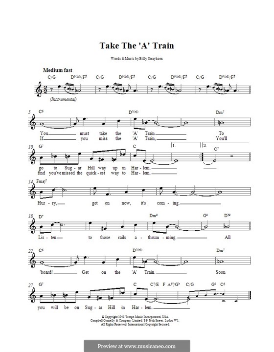 Take the 'A' Train (Duke Ellington): melodía,letras e acordes by Billy Strayhorn