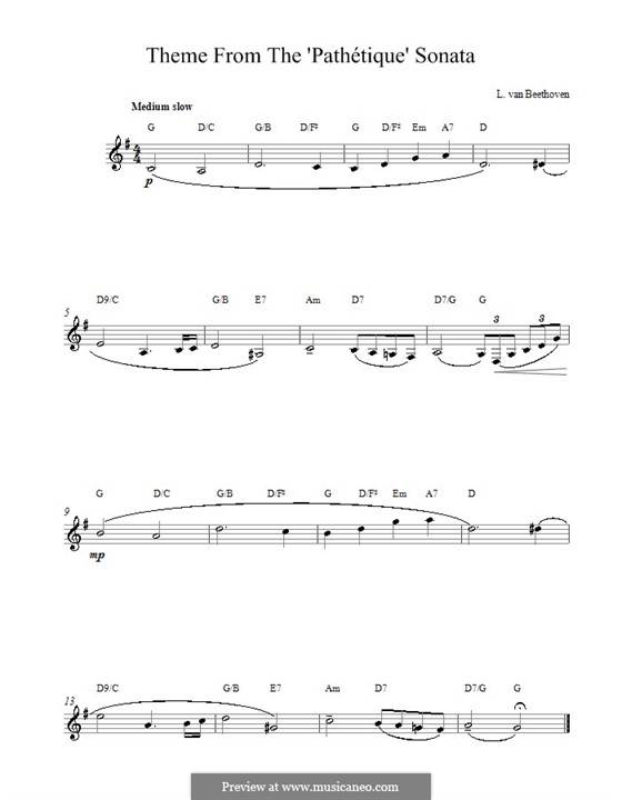 Movement II (Printable scores): Theme. Melody line, lyrics and chords by Ludwig van Beethoven