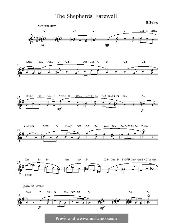 L'enfance du Christ (The Childhood of Christ), H.130 Op.25: The Shepherds Farewell (Melody line, lyrics and chords) by Hector Berlioz