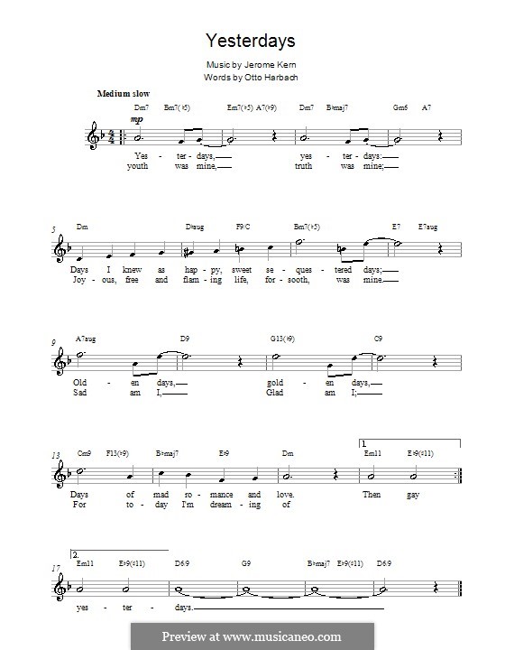 Yesterdays: melodía,letras e acordes by Jerome Kern