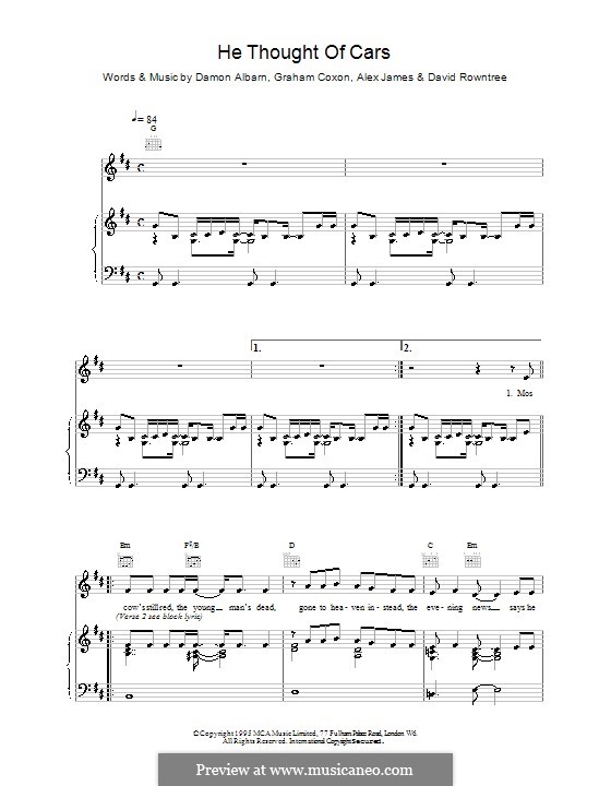He Thought of Cars (Blur): Para vocais e piano (ou Guitarra) by Alex James, Damon Albarn, David Rowntree, Graham Coxon