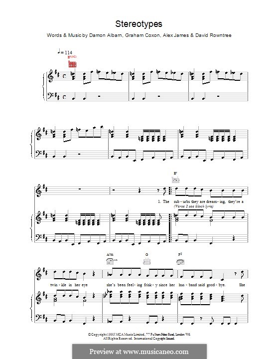 Stereotypes (Blur): Para vocais e piano (ou Guitarra) by Alex James, Damon Albarn, David Rowntree, Graham Coxon