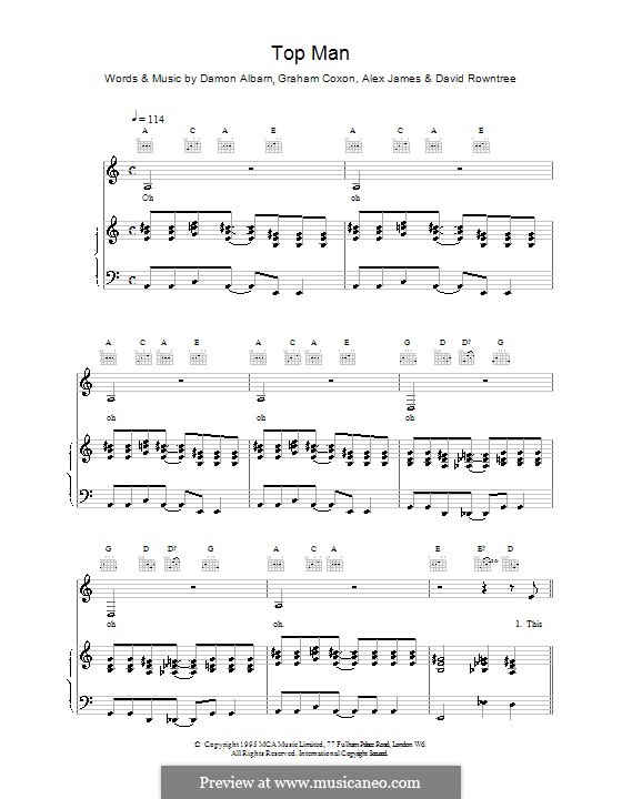 Top Man (Blur): Para vocais e piano (ou Guitarra) by Alex James, Damon Albarn, David Rowntree, Graham Coxon