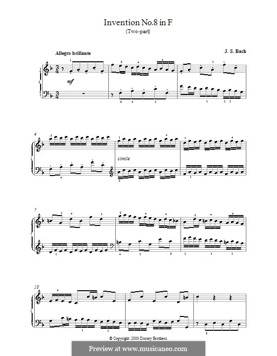 No.8 in F Major, BWV 779: para piano (com dedilhado) by Johann Sebastian Bach
