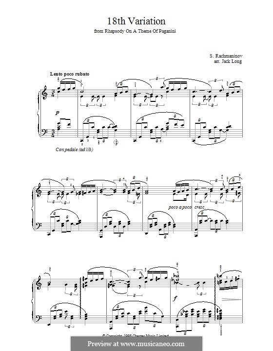 Rhapsody on a Theme of Paganini, Op.43: Variation XVIII, for piano by Sergei Rachmaninoff