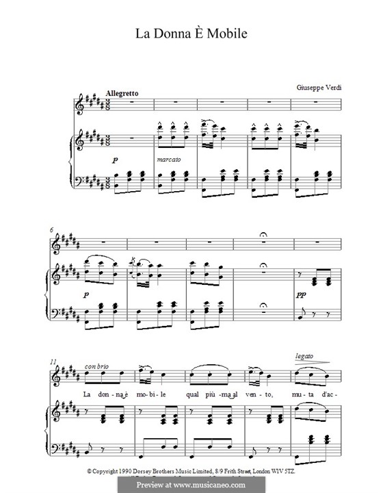 La donna è mobile (Over the Summer Sea) printable scores: For voice and piano (high quality sheet music) by Giuseppe Verdi