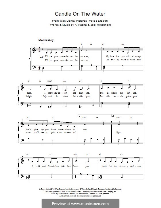 Candle on the Water (from Walt Disney's Pete's Dragon): Para Piano by Al Kasha, Joel Hirschhorn