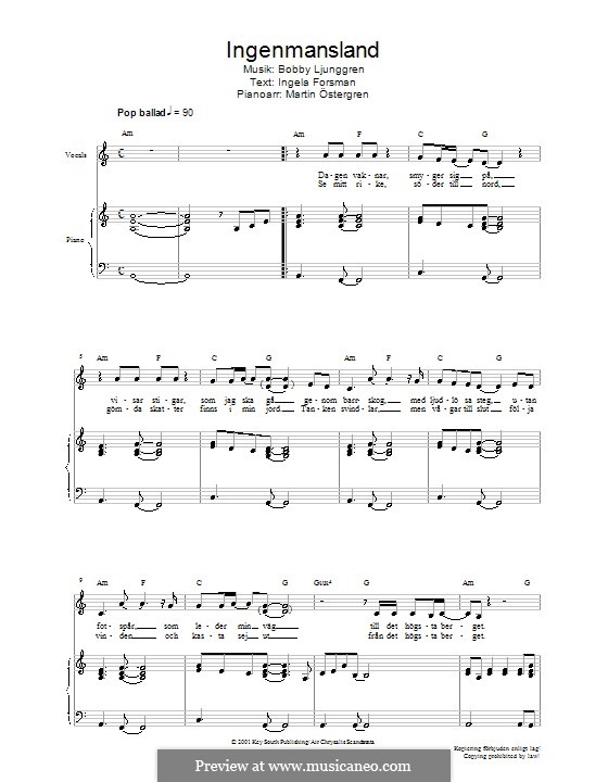 Ingenmansland (Jan Johansen): Para vocais e piano (ou Guitarra) by Bobby Ljunggren