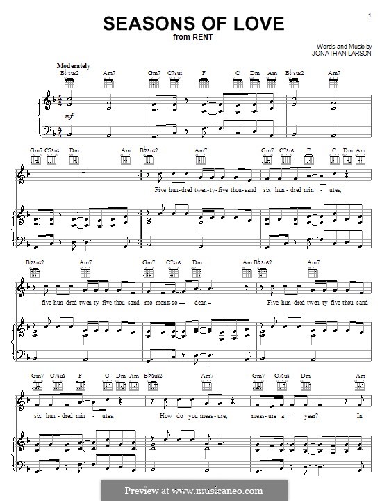 Seasons of Love (from Rent): Para vocais e piano (ou Guitarra) by Jonathan Larson