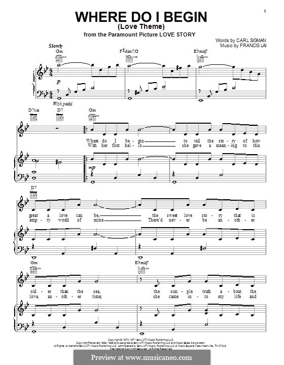 Where Do I Begin (Theme from Love Story): para voz e piano ou guitarra (Andy Williams) by Francis Lai