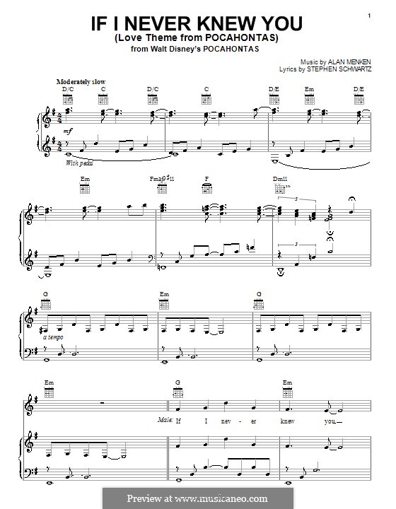 If I Never Knew You (Love Theme from Pocahontas): Para vocais e piano (ou Guitarra) by Alan Menken