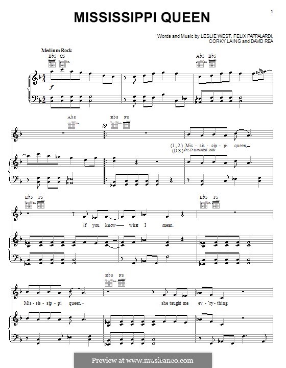 Mississippi Queen (Mountain): Para vocais e piano (ou Guitarra) by Corky Laing, David Rea, Felix Pappalardi, Leslie West