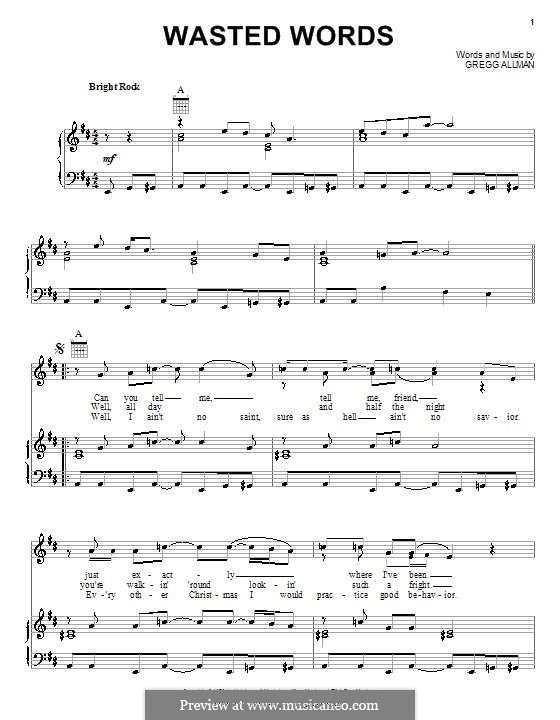 Wasted Words (The Allman Brothers Band): Para vocais e piano (ou Guitarra) by Gregg Allman