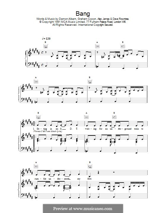 Bang (Blur): Para vocais e piano (ou Guitarra) by Alex James, Damon Albarn, David Rowntree, Graham Coxon