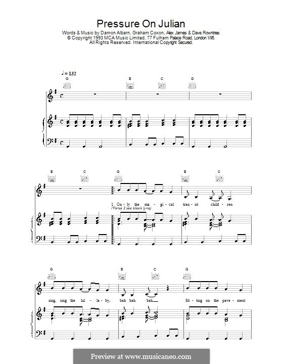 Pressure on Julian (Blur): Para vocais e piano (ou Guitarra) by Alex James, Damon Albarn, David Rowntree, Graham Coxon