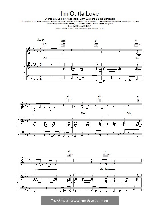 I'm Outta Love: Para vocais e piano (ou Guitarra) by Anastacia, Louis Biancaniello, Samuel Watters
