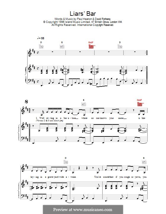 Liar's Bar (The Beautiful South): Para vocais e piano (ou Guitarra) by David Rotheray, Paul Heaton