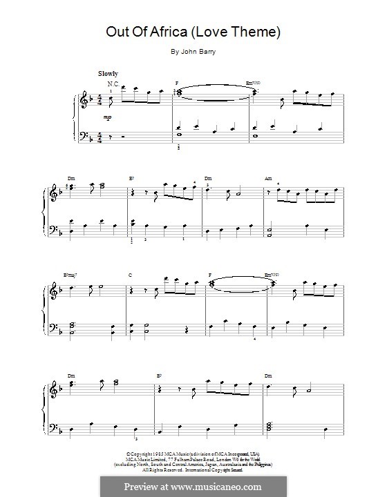 Love Theme from Out of Africa: Facil para o piano by John Barry