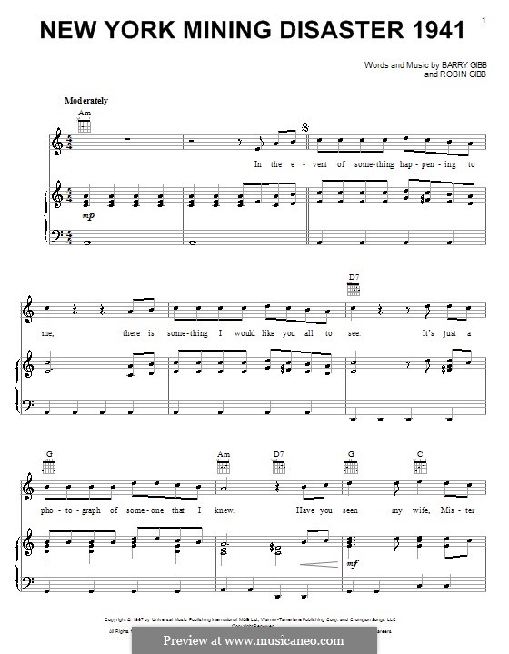 New York Mining Disaster 1941 (The Bee Gees): Para vocais e piano (ou Guitarra) by Barry Gibb, Robin Gibb