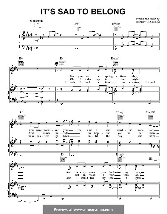 It's Sad to Belong (England Dan and John Ford Coley): Para vocais e piano (ou Guitarra) by Randy Goodrum