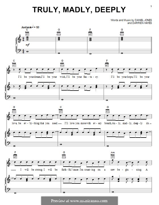 Truly, Madly, Deeply (Savage Garden): Para vocais e piano (ou Guitarra) by Danny Jones, Darren Hayes