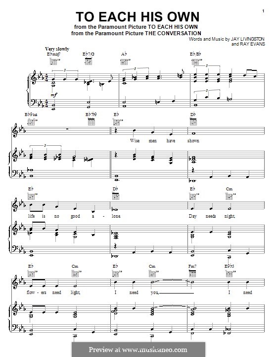 To Each His Own: Para vocais e piano (ou Guitarra) by Jay Livingston, Raymond Evans