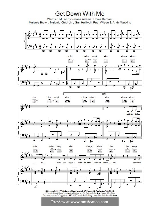 Get Down with Me (The Spice Girls): Para vocais e piano (ou Guitarra) by Andy Watkins, Emma Bunton, Geri Halliwell, Melanie Brown, Melanie C, Paul Wilson, Victoria Adams
