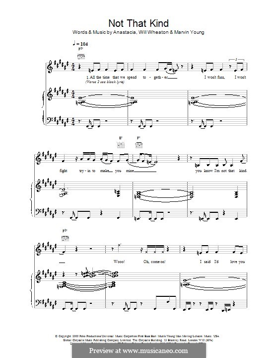 Not That Kind (Anastacia): Para vocais e piano (ou Guitarra) by Marvin Young, Will Wheaton