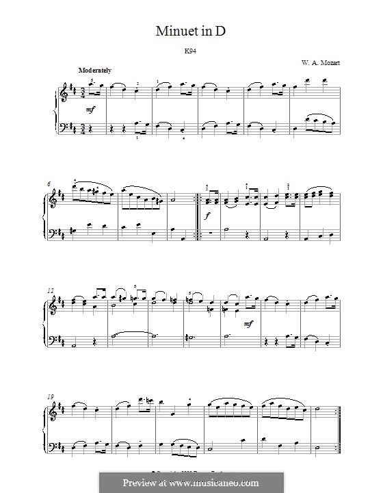 Minuet for Piano in D Major, K.94: para um único musico (Editado por H. Bulow) by Wolfgang Amadeus Mozart