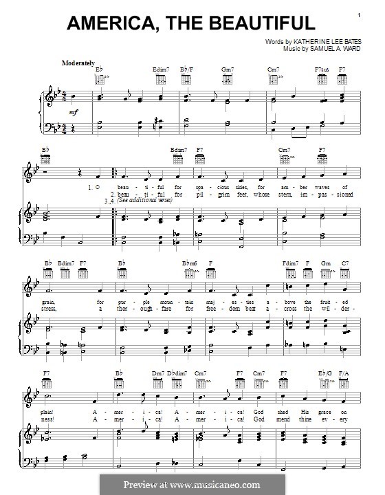 America, The Beautiful: Para vocais e piano (ou Guitarra) by Samuel Augustus Ward