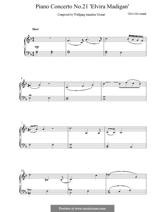 Concerto for Piano and Orchestra No.21 in C Major, K.467: Movement II (Fragment). Version for easy piano by Wolfgang Amadeus Mozart