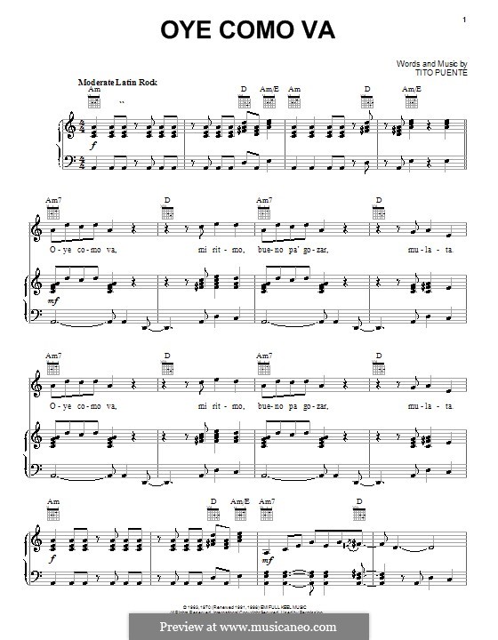 Oye Como Va (Santana): Para vocais e piano (ou Guitarra) by Tito Puente