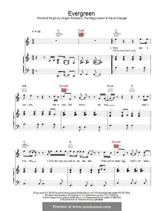 Evergreen (Westlife): Para vocais e piano (ou Guitarra) by David Kreuger, Jörgen Kjell Elofsson, Per Magnusson