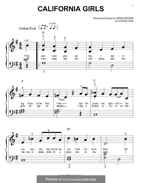 California Girls (The Beach Boys): para piano (versão facil) by Brian Wilson, Mike Love