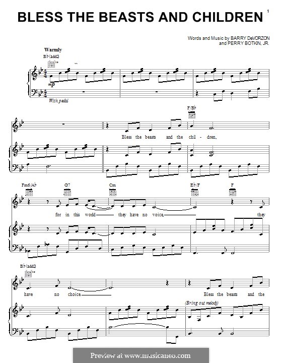 Bless the Beasts and Children (Carpenters): Para vocais e piano (ou Guitarra) by Barry DeVorzon, Perry Botkin Jr.