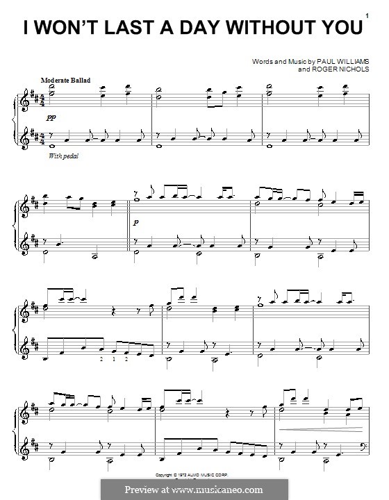 I Won't Last a Day without You (Carpenters): Para Piano by Paul H. Williams, Roger Nichols