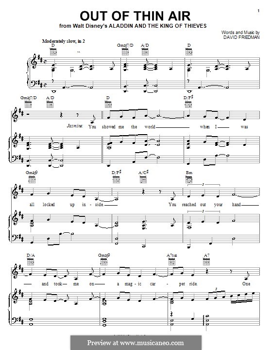 Out of Thin Air (from Aladdin): Para vocais e piano (ou Guitarra) by David Friedman
